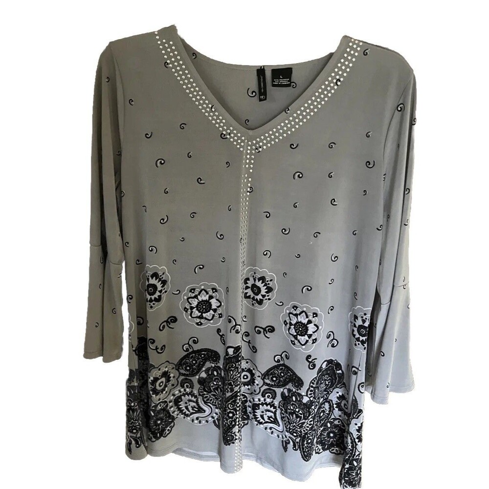 New Directions Women’s 3/4 Bell Sleeve Tunic Floral Cottage Core Bohemian Size L